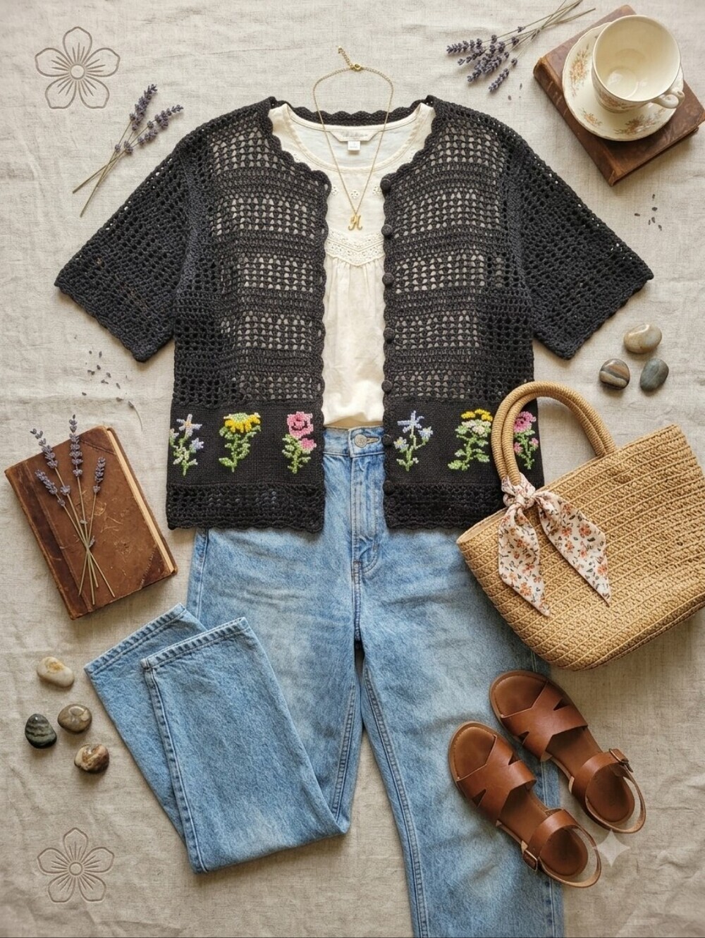 Vintage Teddi Rami Rayon Blend Black Crochet Knit Short Sleeve Cardigan